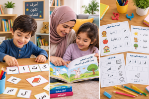 أوراق تعليمية عربية جاهزة للطباعة بجانب أقلام وأدوات تعليمية مناسبة للأطفال.