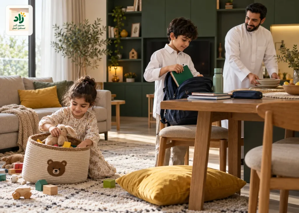 أطفال في أعمار مختلفة يؤدون مهارات استقلال مناسبة مثل ترتيب الألعاب وتجهيز الحقيبة بشعار زاد.
