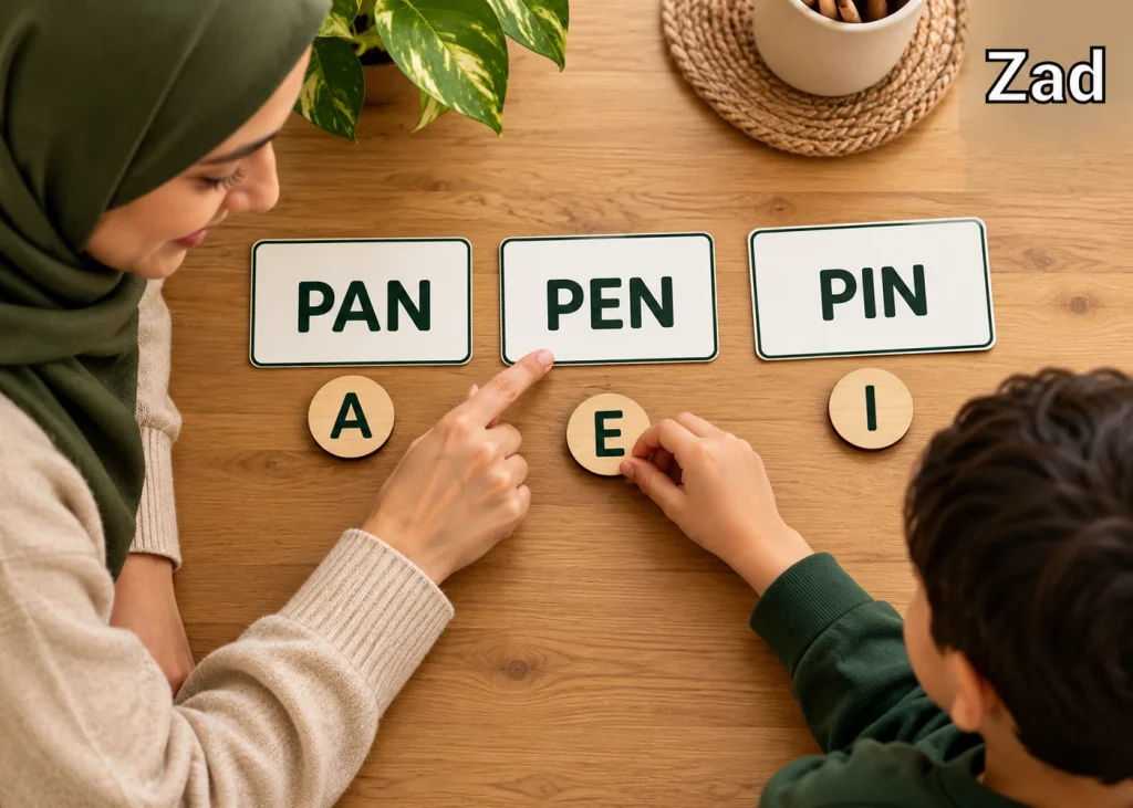 Short Vowels للأطفال، أصوات a e i o u، كلمات الحركات القصيرة، الفرق بين أصوات الحروف المتحركة، تمارين short vowels