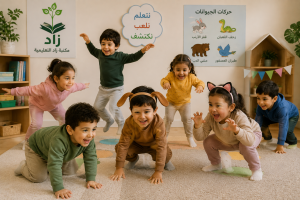 ألعاب حركية للأطفال بدون أدوات وتقليد الحيوانات